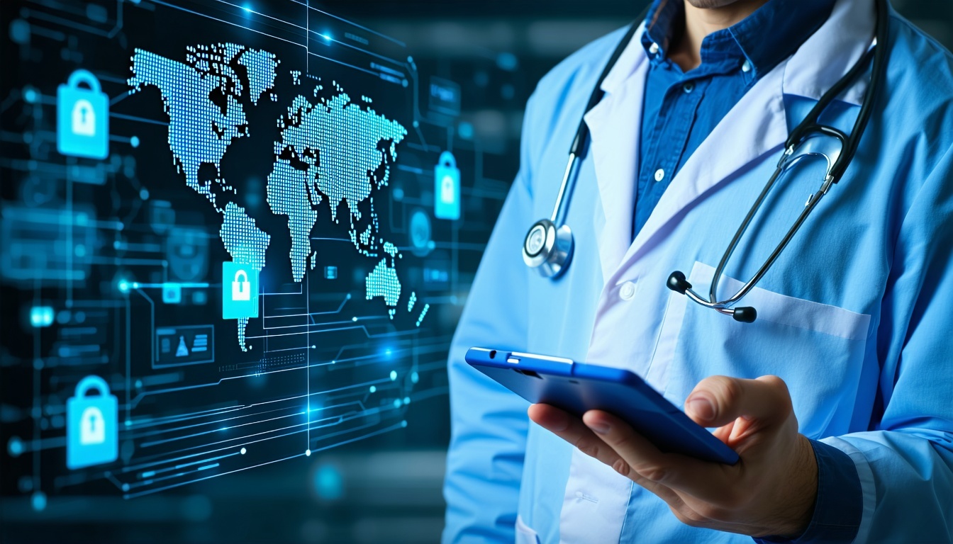 Healthcare cybersecurity graphic showing secure medical data